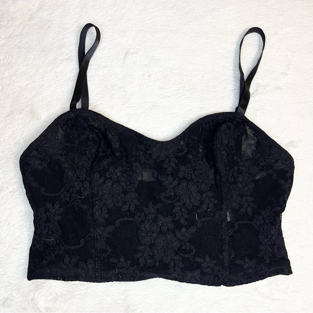 American Apparel Black Stretch Floral Lace Bustier Bralette Bra Size Small